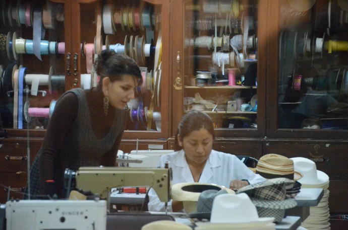 Inside band being stitched into Sherri's hat