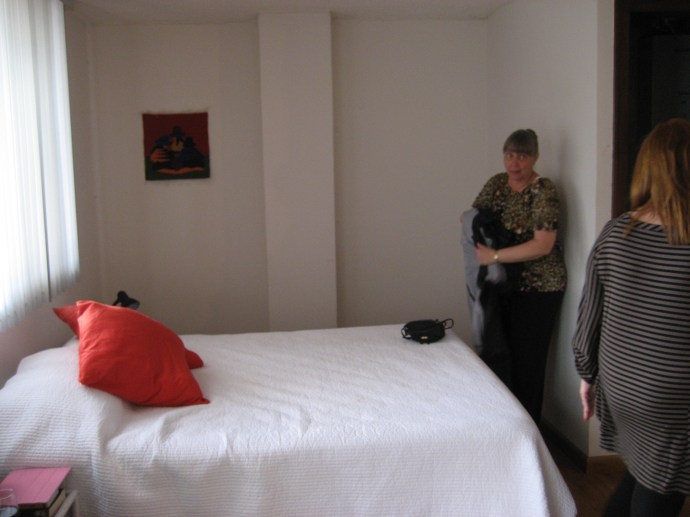 Another view of the bed, taken from the corner by the television.