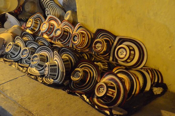 A night time photo of Sombrero Vueltiao hats (hence the strange lighting)